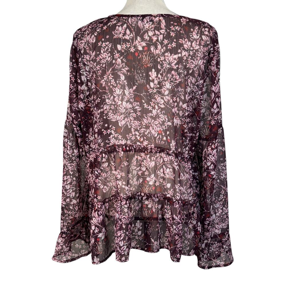 Lucky Brand Large Top Floral Semi-Sheer Keyhole Ruffled Tiers Long Bell Sleeves - Picture 6 of 11
